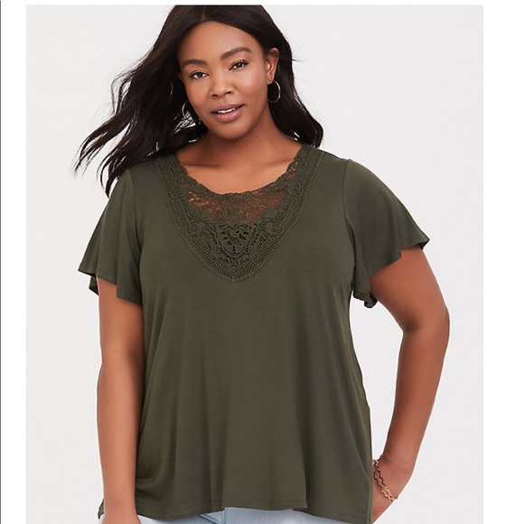 torrid Tops - Torrid Super Soft Knit Olive Green Crochet Tee